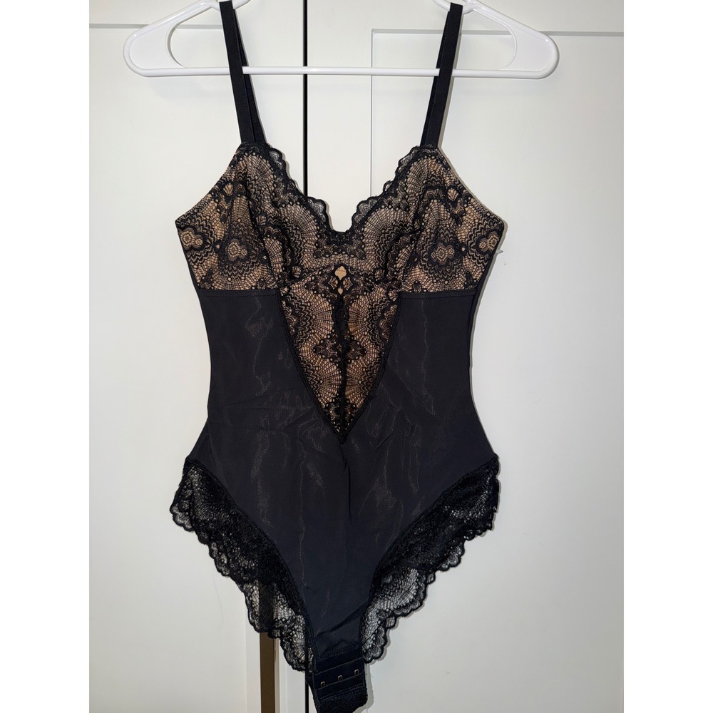 Pinsy Black Lace Shapewear Bodysuit Nude Lining Adjustable Straps Small